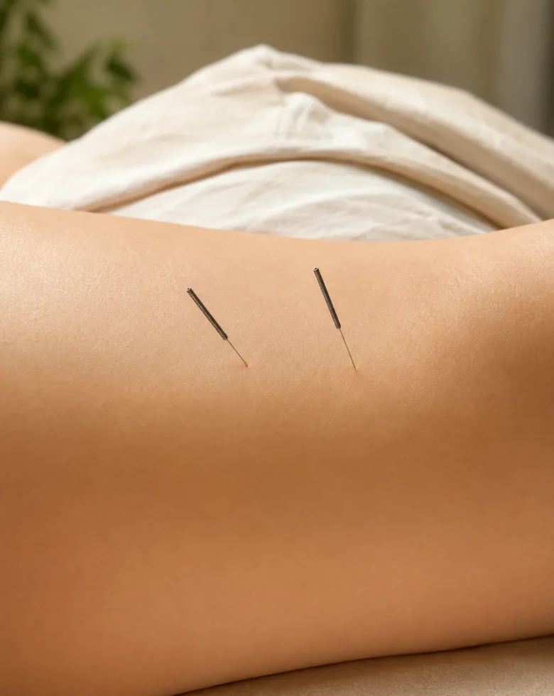 Acupuncture needles placed on the leg