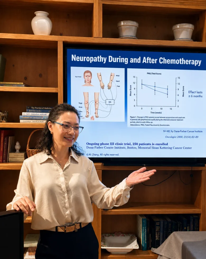 Dr. Ali Zhang presenting on acupuncture research and cancer care